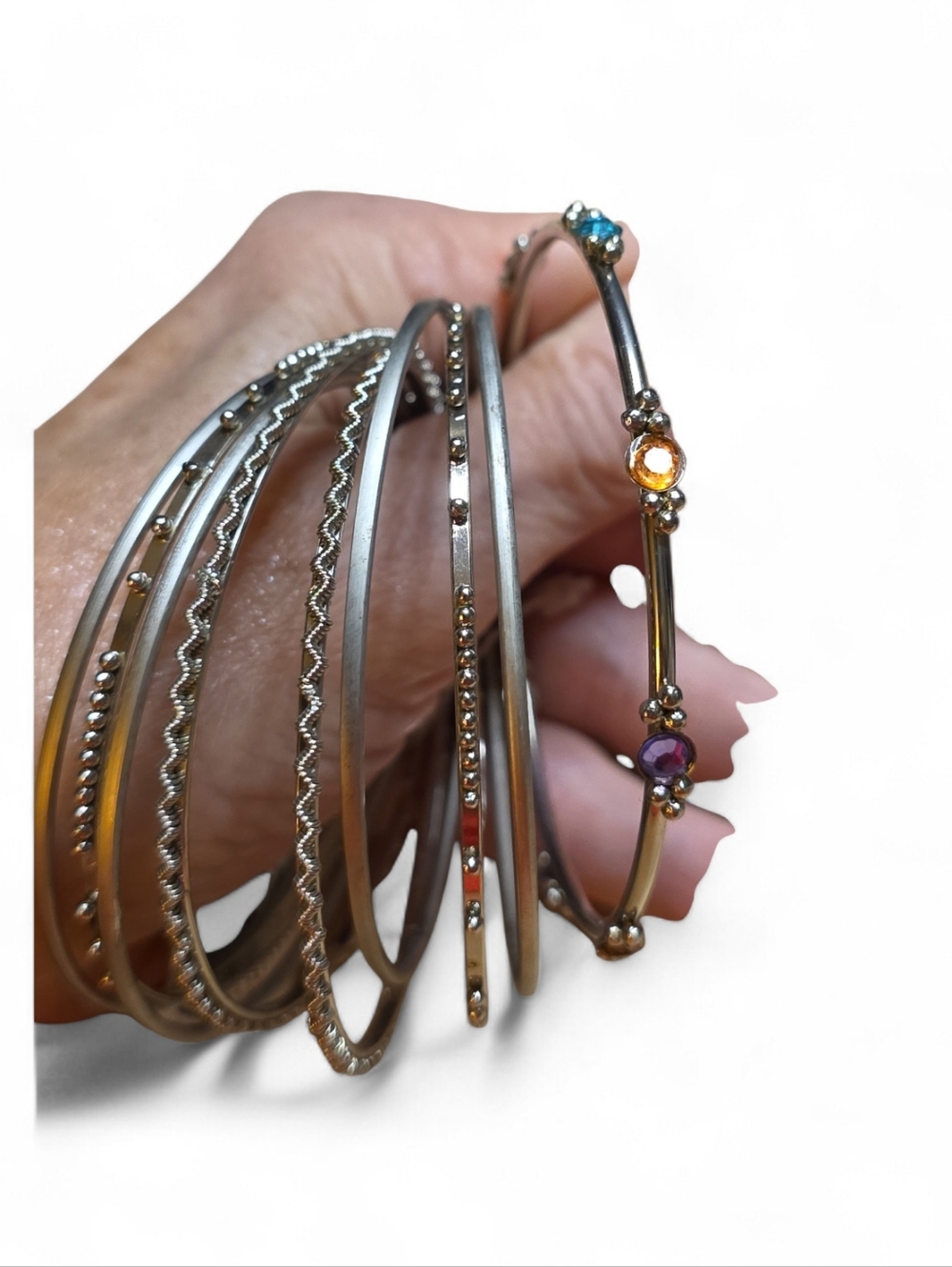 Silver Multi-Bangle Set with Colored Gem Accents